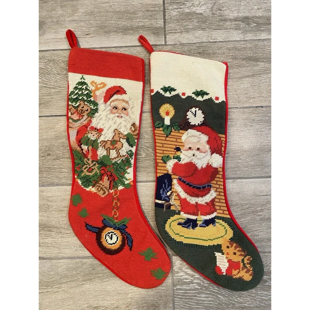 2x Vintage 1990s Needlepoint Hanging Christmas Stockings Santa And Cat
